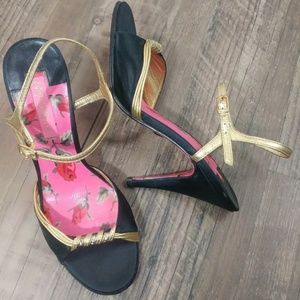 SOLD Betsey Johnson Strappy Black & Gold Heels